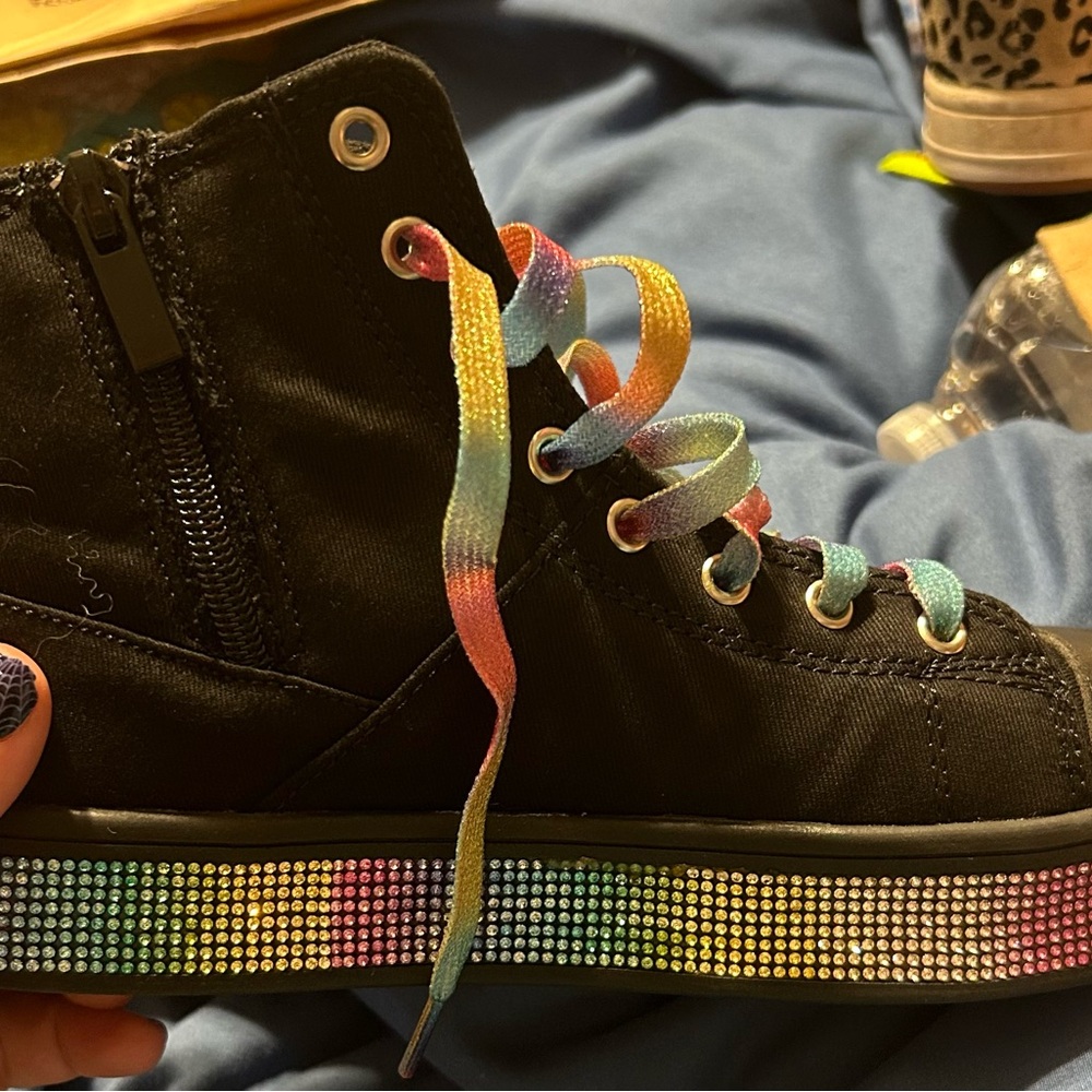 Black High-Top Sneakers with Rainbow Laces
